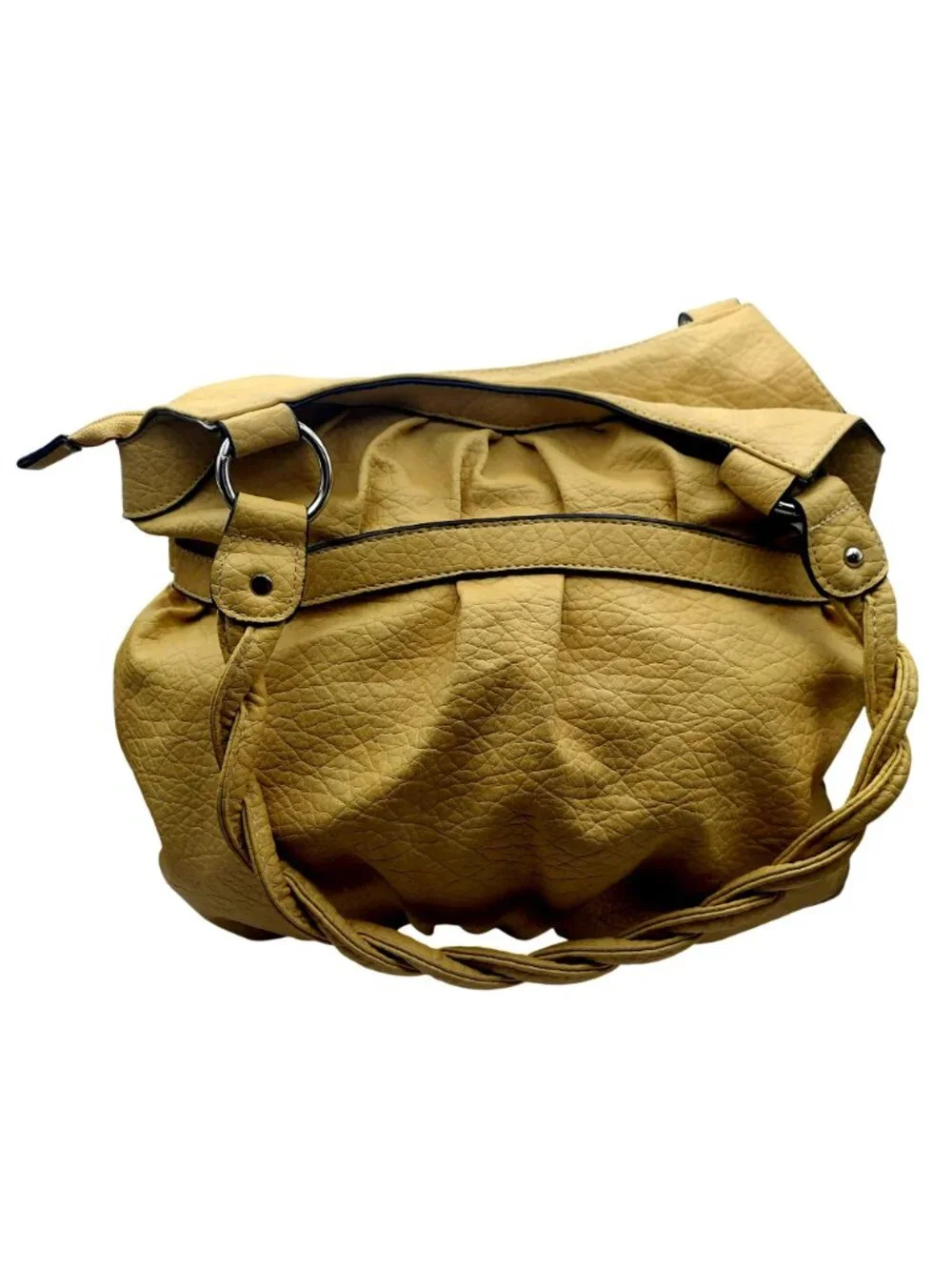 Strada Faux Leather Tote Bag Purse Yellow Braided Handles Zip Top Lined Pockets